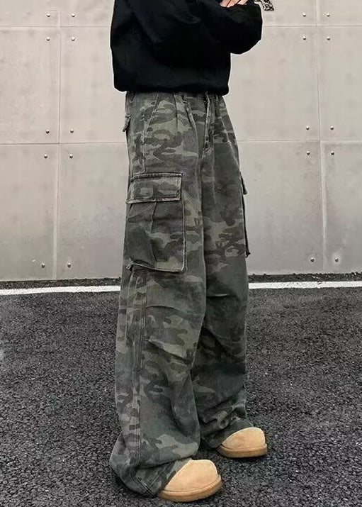 Vintage Camouflage Pockets High Waist Cotton Men Pants Spring