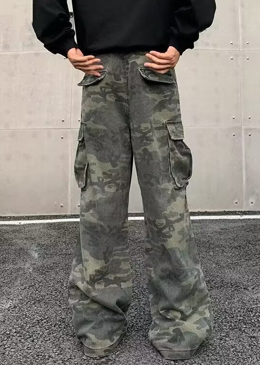 Vintage Camouflage Pockets High Waist Cotton Men Pants Spring