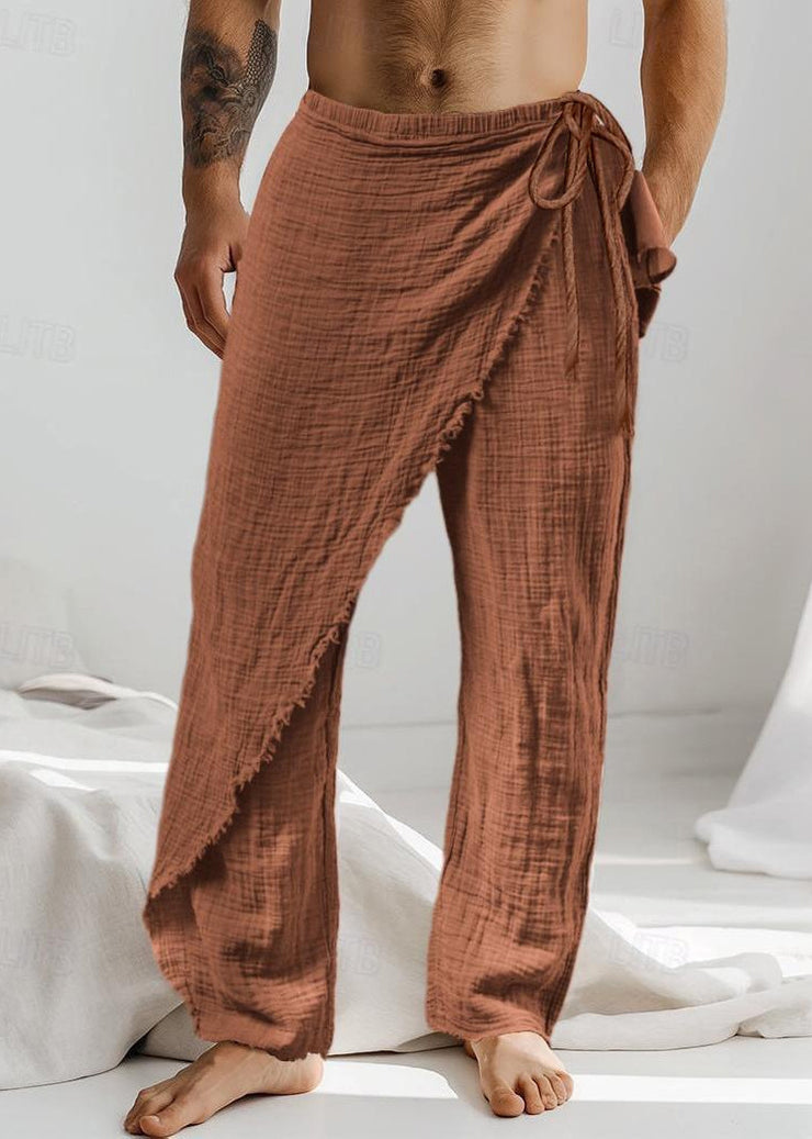 Vintage Caramel Asymmetrical Lace Up Cotton Men Pants Summer