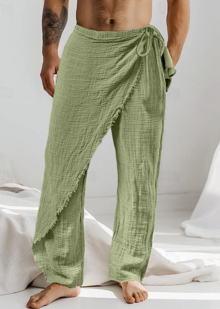 Vintage Caramel Asymmetrical Lace Up Cotton Men Pants Summer