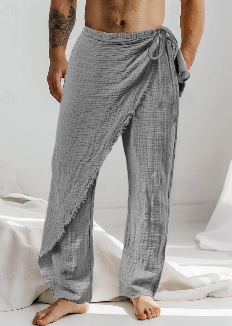 Vintage Caramel Asymmetrical Lace Up Cotton Men Pants Summer