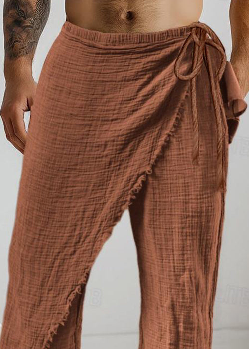 Vintage Caramel Asymmetrical Lace Up Cotton Men Pants Summer