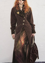 Vintage Chocolate Leopard Tie Waist Faux Suede Long?Trench?Coat Winter