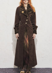 Vintage Chocolate Leopard Tie Waist Faux Suede Long?Trench?Coat Winter
