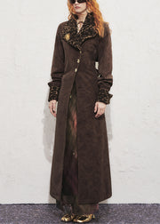 Vintage Chocolate Leopard Tie Waist Faux Suede Long?Trench?Coat Winter