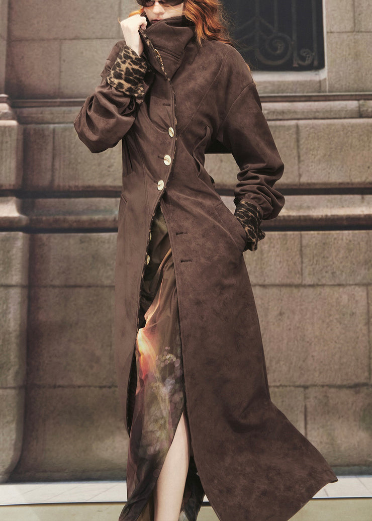 Vintage Chocolate Leopard Tie Waist Faux Suede Long?Trench?Coat Winter