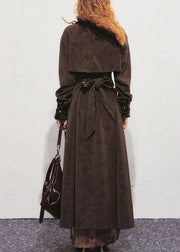 Vintage Chocolate Leopard Tie Waist Faux Suede Long?Trench?Coat Winter