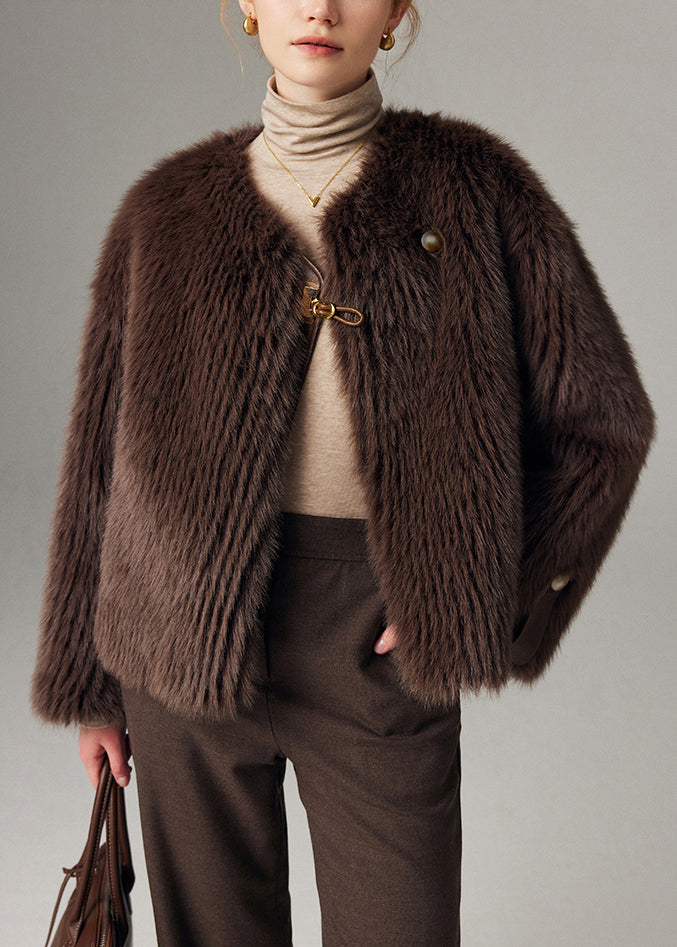 Vintage Chocolate O Neck Button Leather And Fur Coats Winter