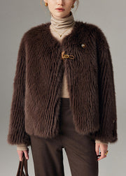 Vintage Chocolate O Neck Button Leather And Fur Coats Winter