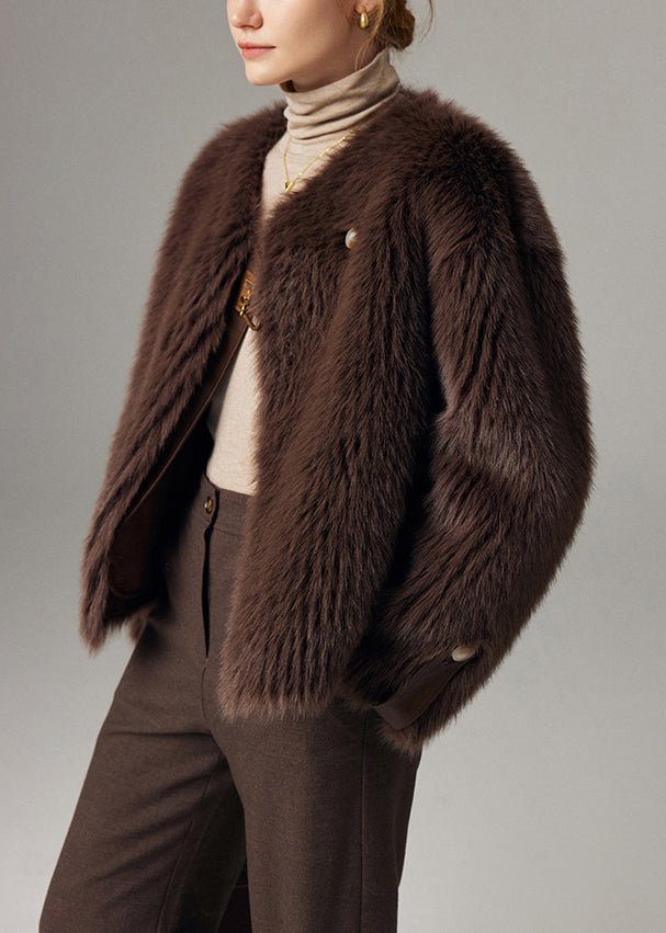 Vintage Chocolate O Neck Button Leather And Fur Coats Winter