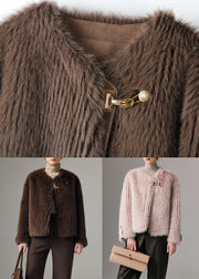 Vintage Chocolate O Neck Button Leather And Fur Coats Winter