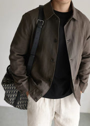 Vintage Chocolate Peter Pan Collar Pockets Linen Men Coat Fall