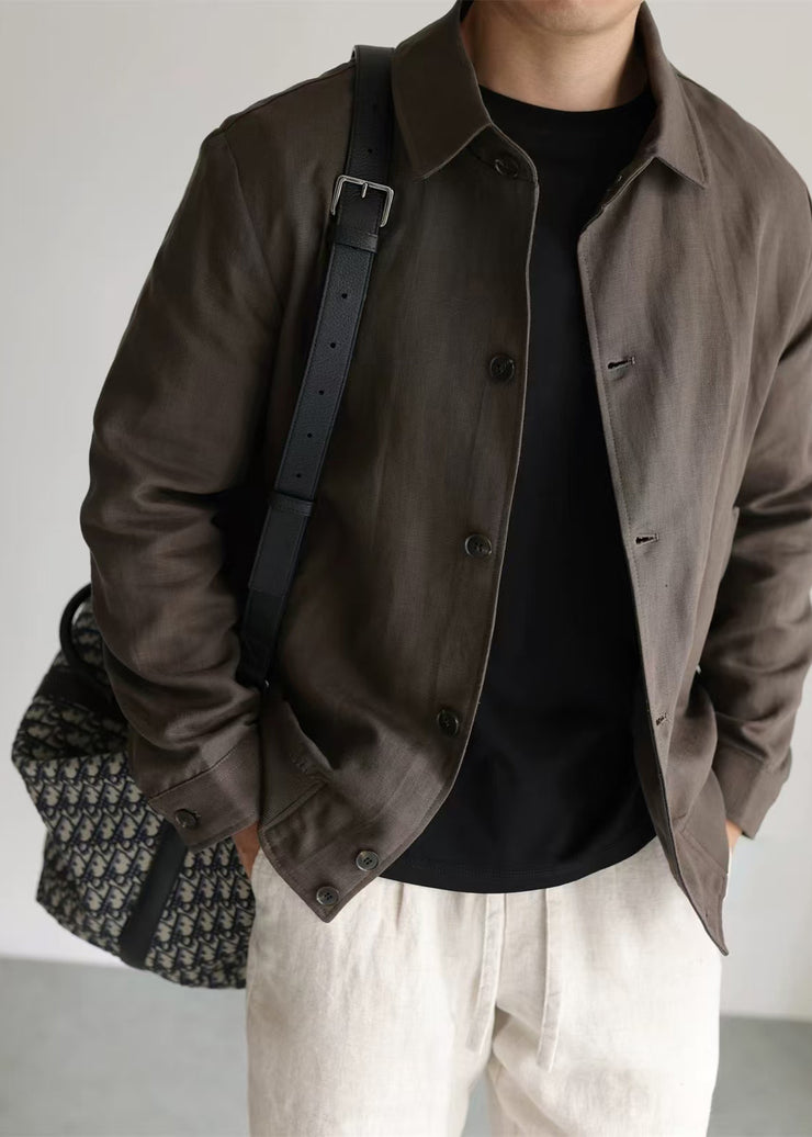 Vintage Chocolate Peter Pan Collar Pockets Linen Men Coat Fall