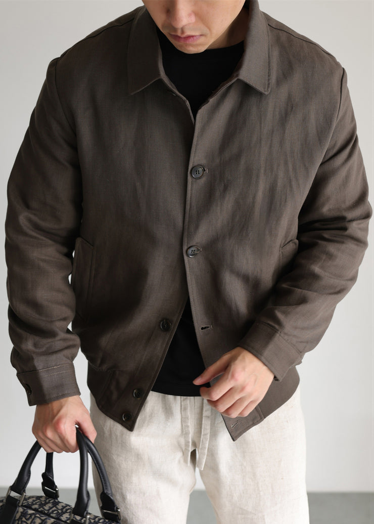 Vintage Chocolate Peter Pan Collar Pockets Linen Men Coat Fall