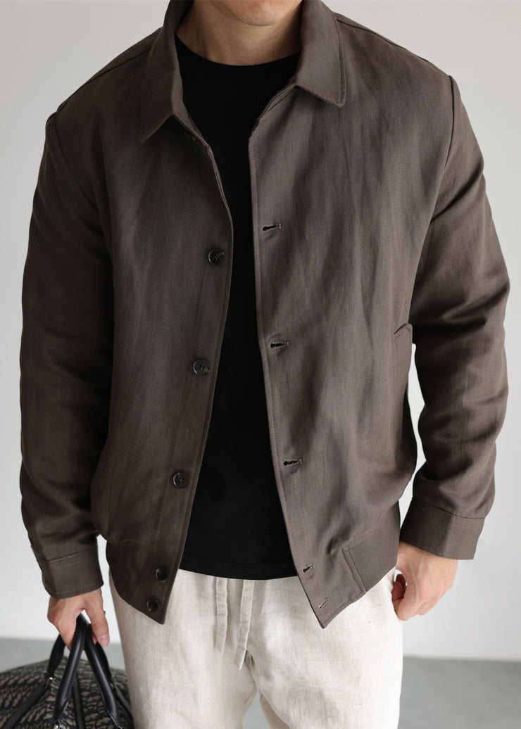 Vintage Chocolate Peter Pan Collar Pockets Linen Men Coat Fall