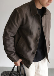 Vintage Chocolate Peter Pan Collar Pockets Linen Men Coat Fall