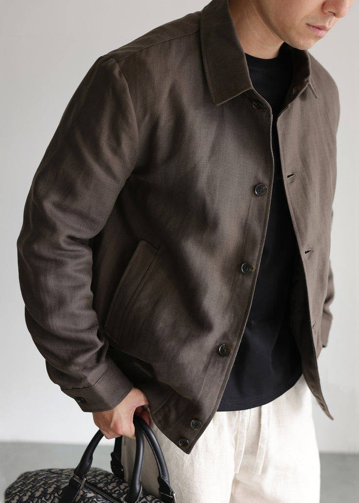 Vintage Chocolate Peter Pan Collar Pockets Linen Men Coat Fall