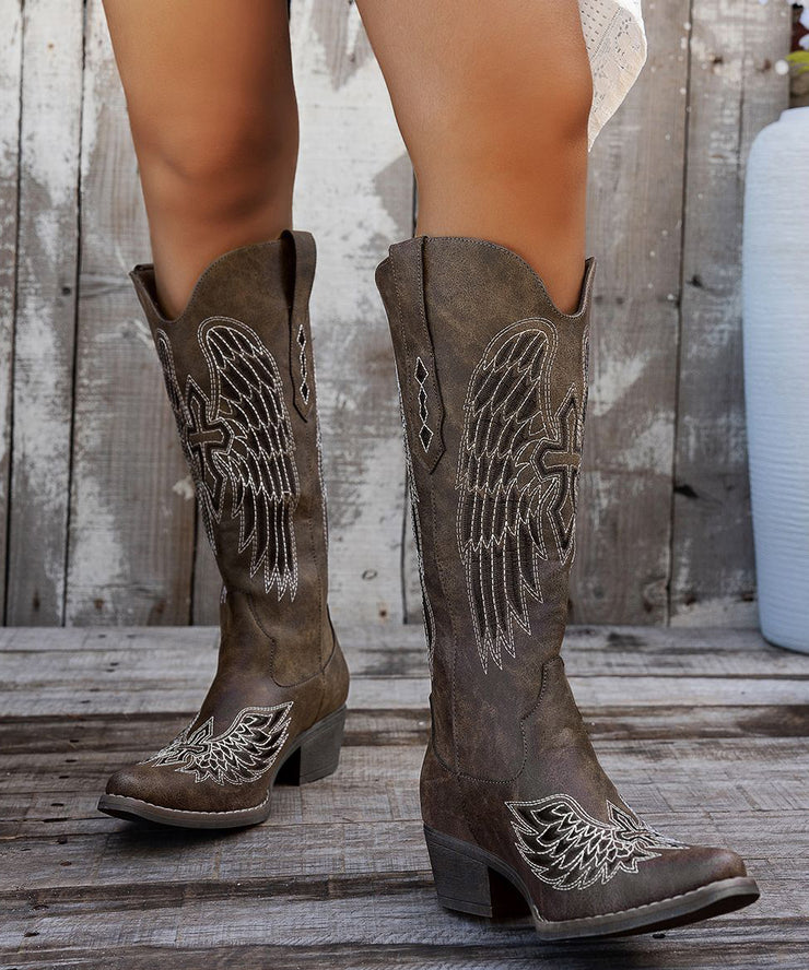 Vintage Chocolate Pointed Toe Embossed Chunky Faux Leather Boots