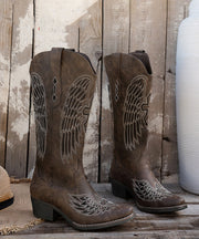 Vintage Chocolate Pointed Toe Embossed Chunky Faux Leather Boots
