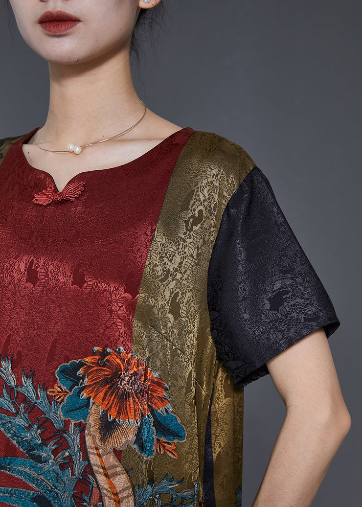 Vintage Chocolate Print Chinese Button Silk Dresses Summer