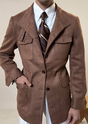 Vintage Chocolate Stand Collar Pockets Faux Suede Men Coat Winter