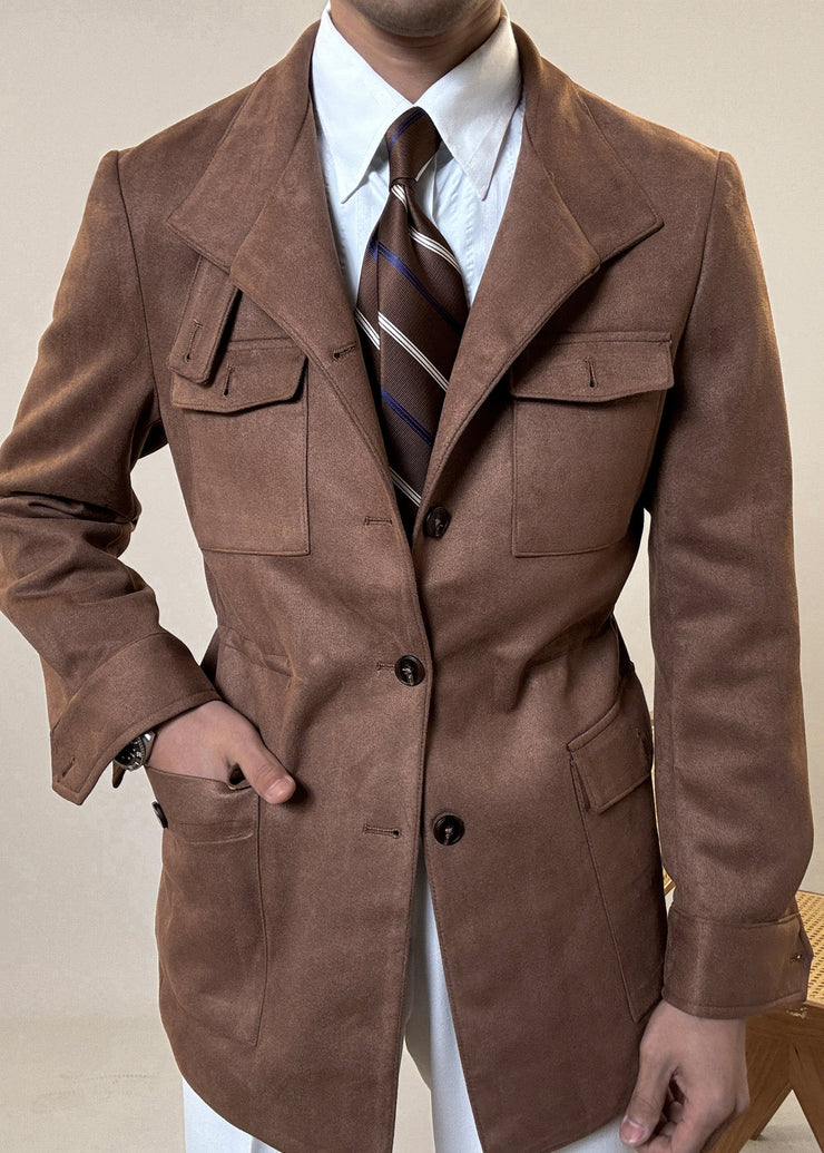 Vintage Chocolate Stand Collar Pockets Faux Suede Men Coat Winter