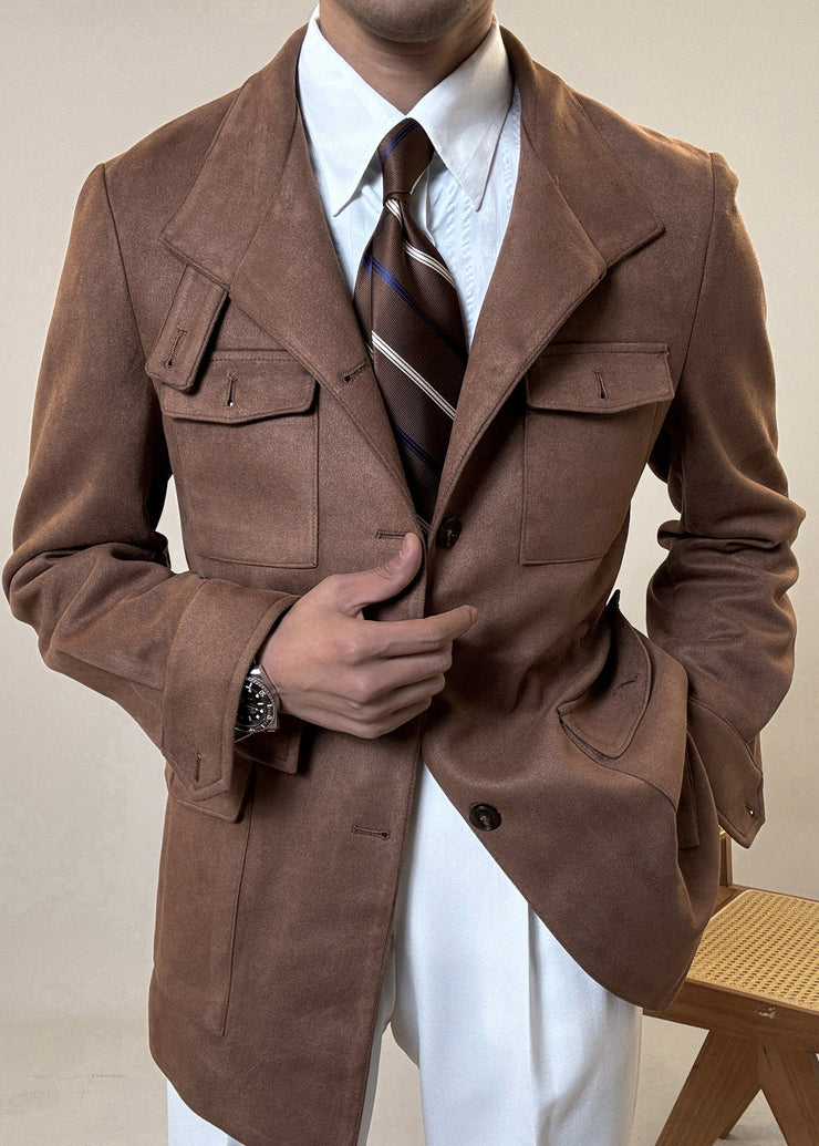Vintage Chocolate Stand Collar Pockets Faux Suede Men Coat Winter