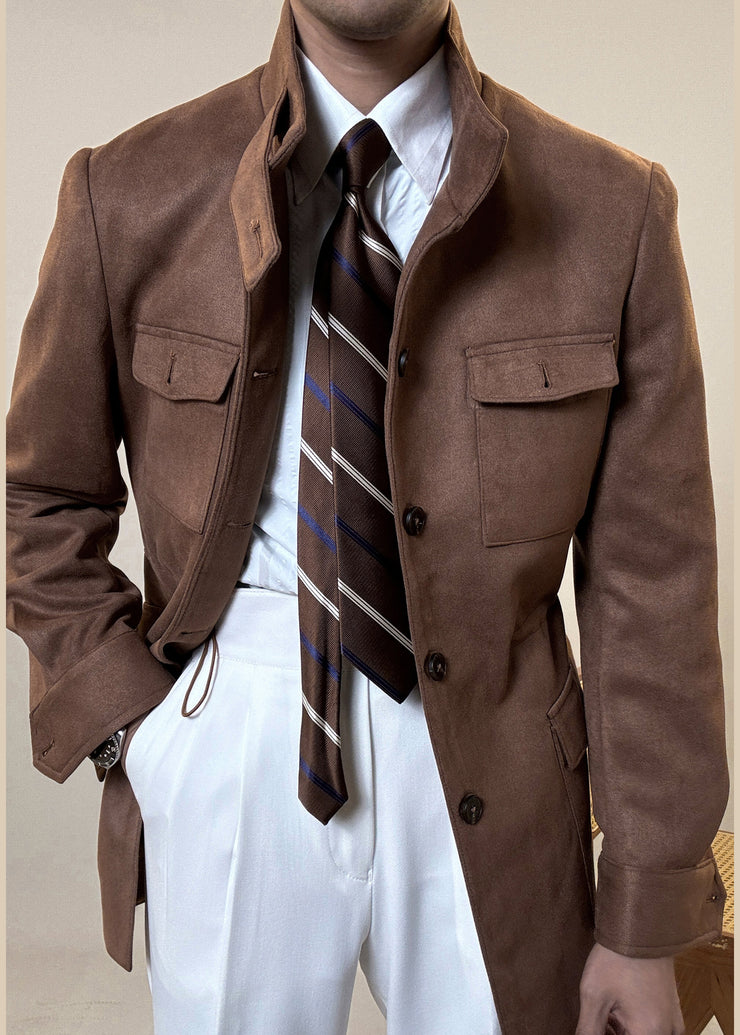 Vintage Chocolate Stand Collar Pockets Faux Suede Men Coat Winter