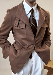 Vintage Chocolate Stand Collar Pockets Faux Suede Men Coat Winter