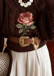 Vintage Chocolate Turtleneck Rose Knitted Cotton Sweater Winter