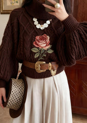 Vintage Chocolate Turtleneck Rose Knitted Cotton Sweater Winter