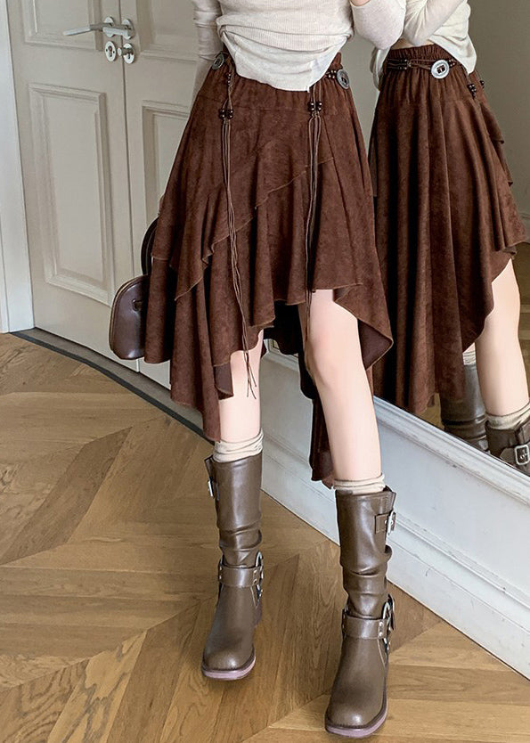 Vintage Coffee Asymmetrical Wrinkled Faux Suede Skirt Fall