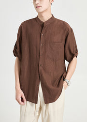 Vintage Coffee Button Pockets Cotton Men Shirt Summer