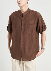 Vintage Coffee Button Pockets Cotton Men Shirt Summer