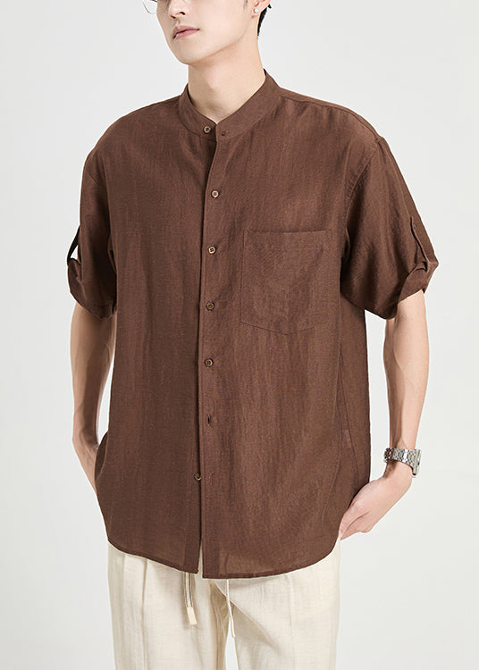 Vintage Coffee Button Pockets Cotton Men Shirt Summer