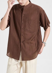 Vintage Coffee Button Pockets Cotton Men Shirt Summer