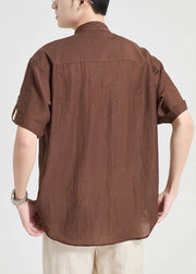 Vintage Coffee Button Pockets Cotton Men Shirt Summer