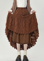 Vintage Coffee Elastic Waist Lace Warm Fleece Skirts Winter
