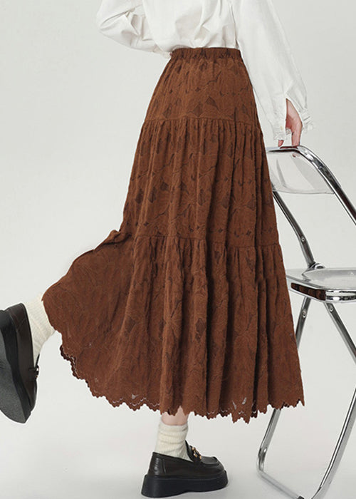 Vintage Coffee Elastic Waist Lace Warm Fleece Skirts Winter