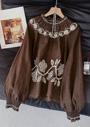 Vintage Coffee Embroidered Wrinkled Cotton Blouses Fall