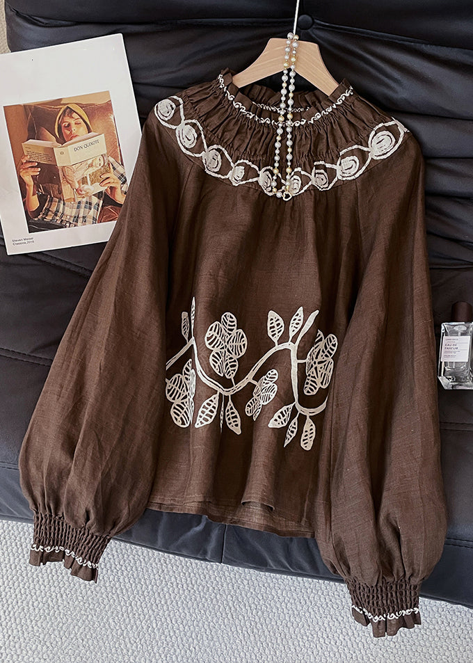 Vintage Coffee Embroidered Wrinkled Cotton Blouses Fall