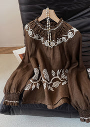 Vintage Coffee Embroidered Wrinkled Cotton Blouses Fall