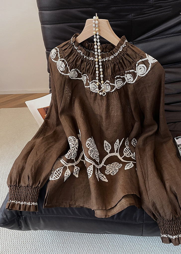 Vintage Coffee Embroidered Wrinkled Cotton Blouses Fall