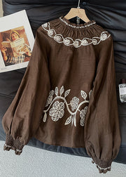 Vintage Coffee Embroidered Wrinkled Cotton Blouses Fall