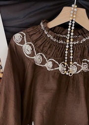 Vintage Coffee Embroidered Wrinkled Cotton Blouses Fall