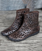 Vintage Coffee Hollow Out Zippered Splicing Cowhide Leather Boots