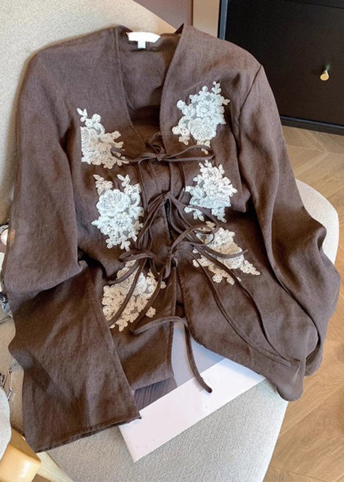 Vintage Coffee Lace Embroidered Lace Up Cotton Blouses Fall