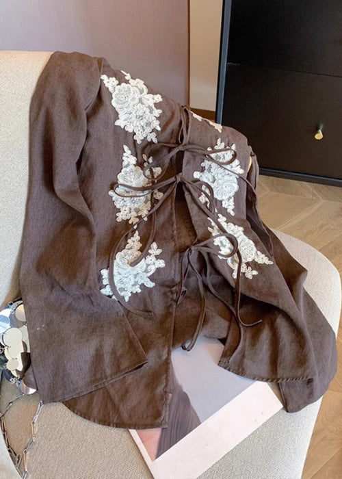 Vintage Coffee Lace Embroidered Lace Up Cotton Blouses Fall