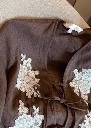Vintage Coffee Lace Embroidered Lace Up Cotton Blouses Fall
