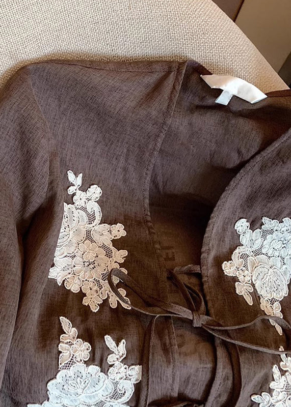 Vintage Coffee Lace Embroidered Lace Up Cotton Blouses Fall